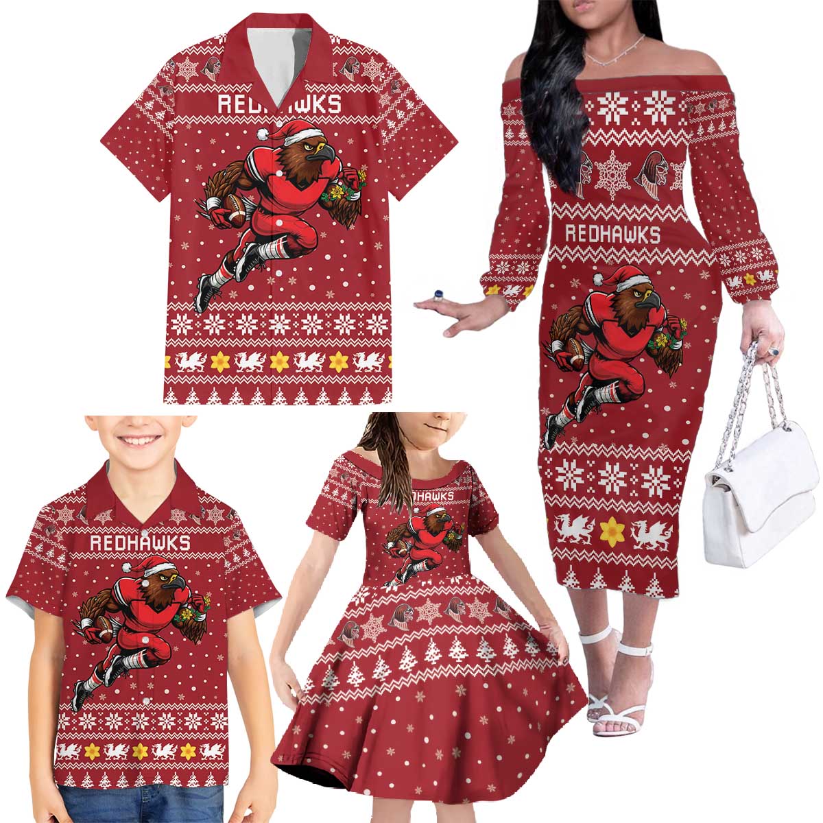 Personalized Radnorshire Wales Christmas Family Matching Off The Shoulder Long Sleeve Dress and Hawaiian Shirt Red-Tailed Hawk Rugby - Wonder Print Shop