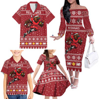 Personalized Radnorshire Wales Christmas Family Matching Off The Shoulder Long Sleeve Dress and Hawaiian Shirt Red-Tailed Hawk Rugby - Wonder Print Shop