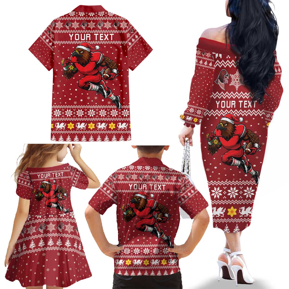 Personalized Radnorshire Wales Christmas Family Matching Off The Shoulder Long Sleeve Dress and Hawaiian Shirt Red-Tailed Hawk Rugby - Wonder Print Shop
