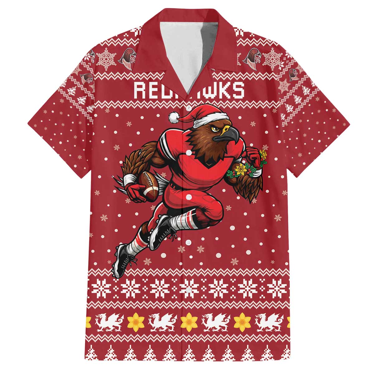 Personalized Radnorshire Wales Christmas Family Matching Off The Shoulder Long Sleeve Dress and Hawaiian Shirt Red-Tailed Hawk Rugby - Wonder Print Shop