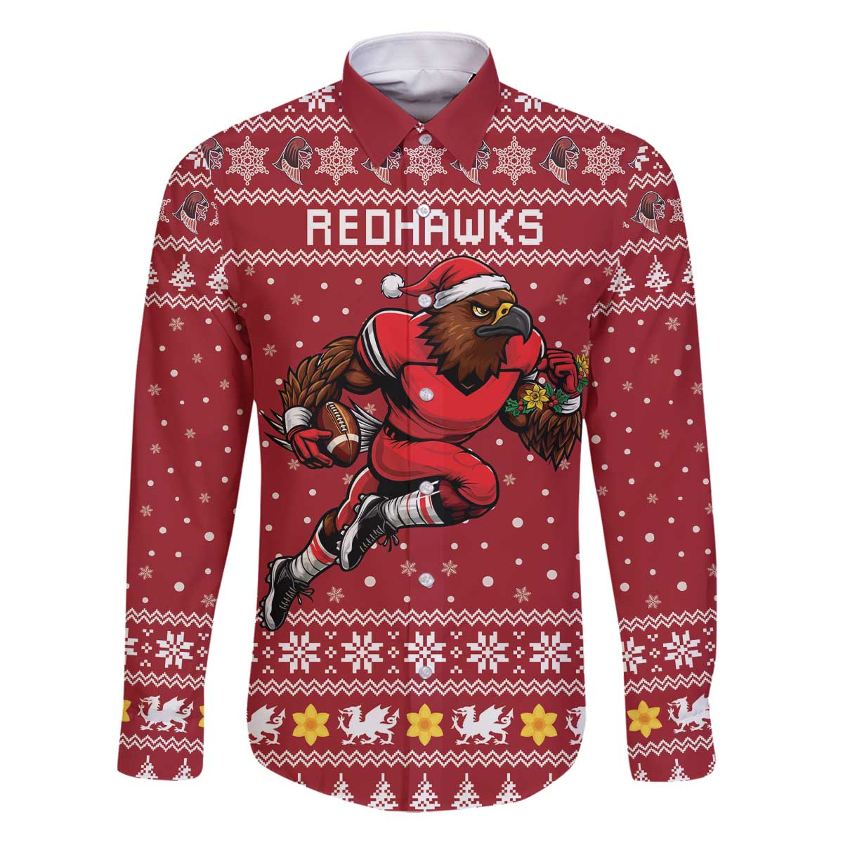 Personalized Radnorshire Wales Christmas Family Matching Off The Shoulder Long Sleeve Dress and Hawaiian Shirt Red-Tailed Hawk Rugby - Wonder Print Shop