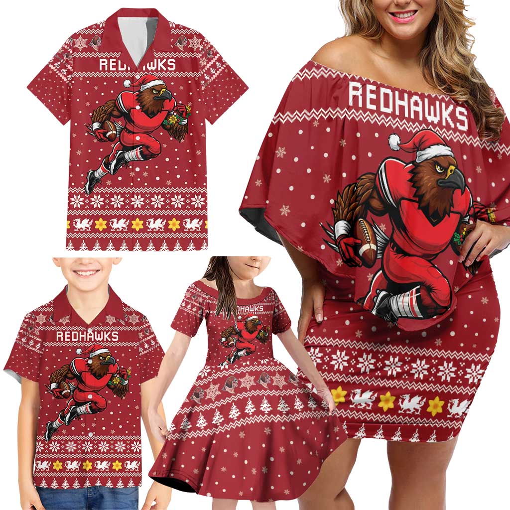 Personalized Radnorshire Wales Christmas Family Matching Off Shoulder Short Dress and Hawaiian Shirt Red-Tailed Hawk Rugby - Wonder Print Shop