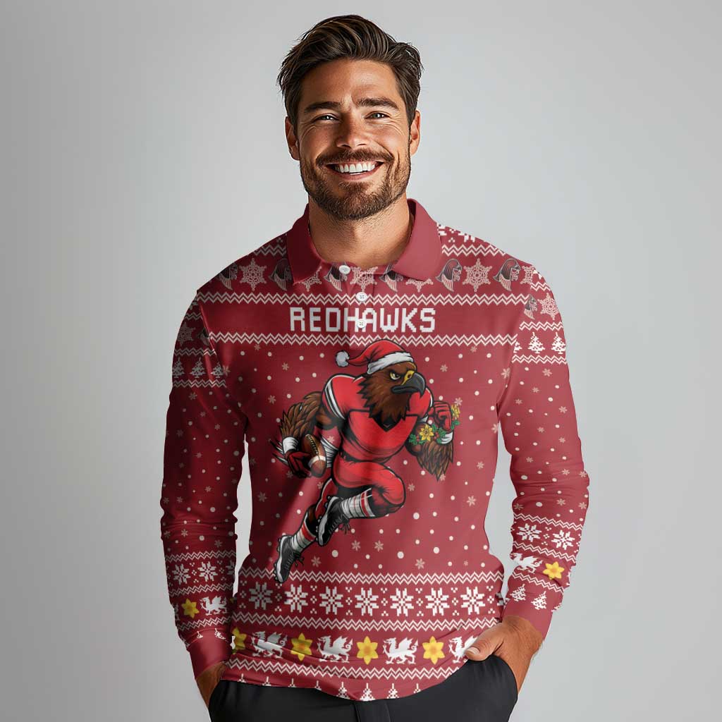 Personalized Radnorshire Wales Christmas Long Sleeve Polo Shirt Red-Tailed Hawk Rugby - Wonder Print Shop