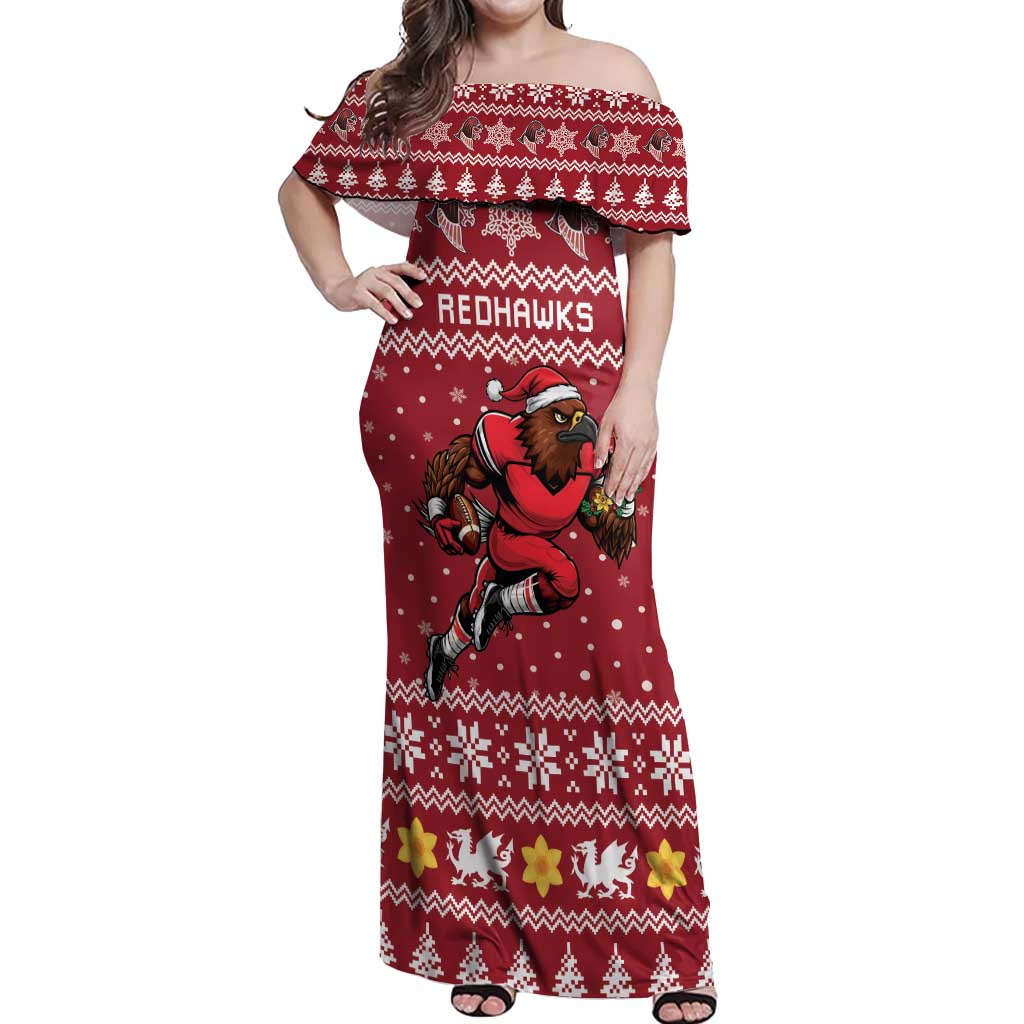 Personalized Radnorshire Wales Christmas Off Shoulder Maxi Dress Red-Tailed Hawk Rugby - Wonder Print Shop
