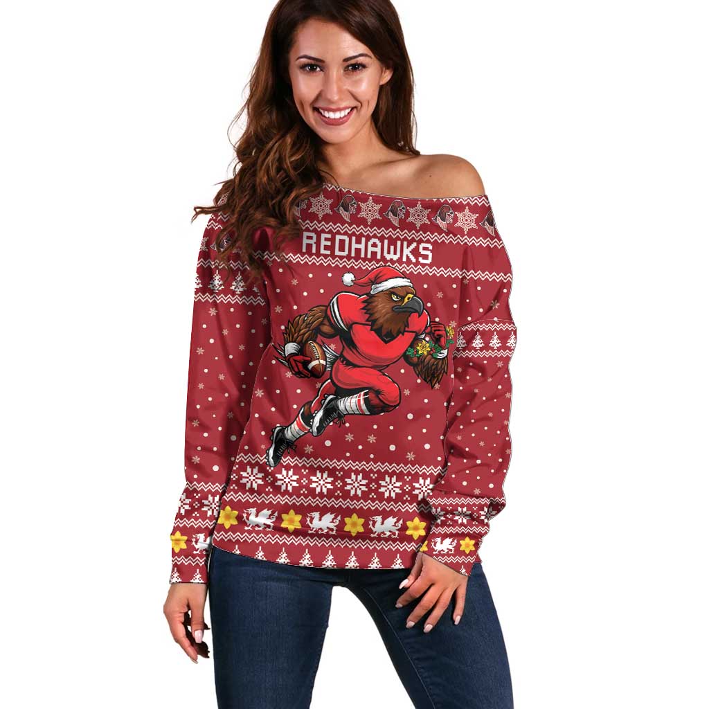 Personalized Radnorshire Wales Christmas Off Shoulder Sweater Red-Tailed Hawk Rugby - Wonder Print Shop
