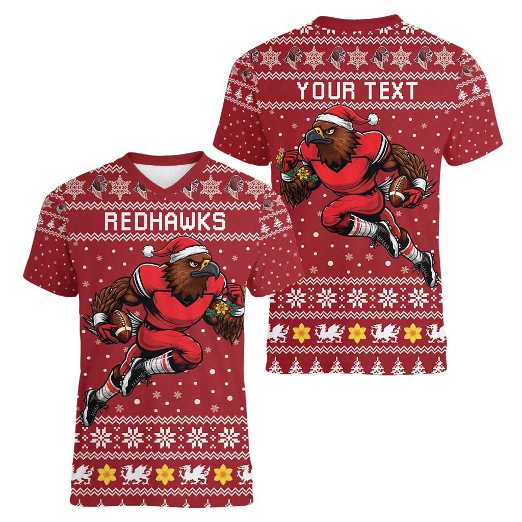 Personalized Radnorshire Wales Christmas Women V-Neck T-Shirt Red-Tailed Hawk Rugby - Wonder Print Shop