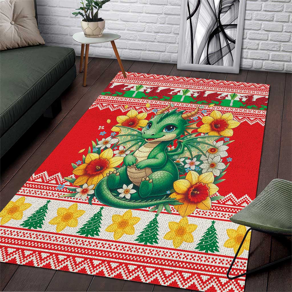 Wales Christmas Area Rug Cute Green Welsh Dragon and Daffodils - Wonder Print Shop