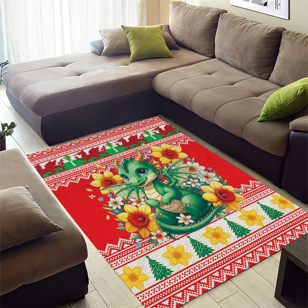 Wales Christmas Area Rug Cute Green Welsh Dragon and Daffodils - Wonder Print Shop