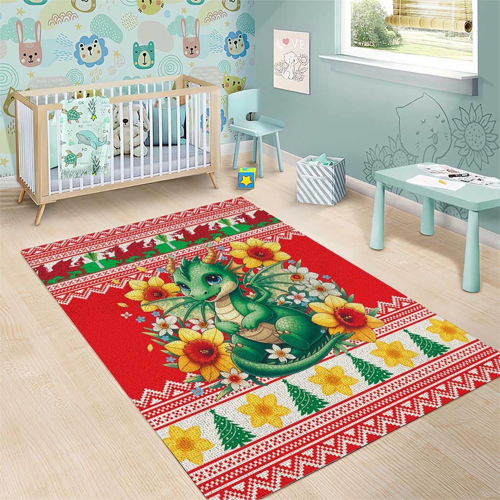 Wales Christmas Area Rug Cute Green Welsh Dragon and Daffodils - Wonder Print Shop