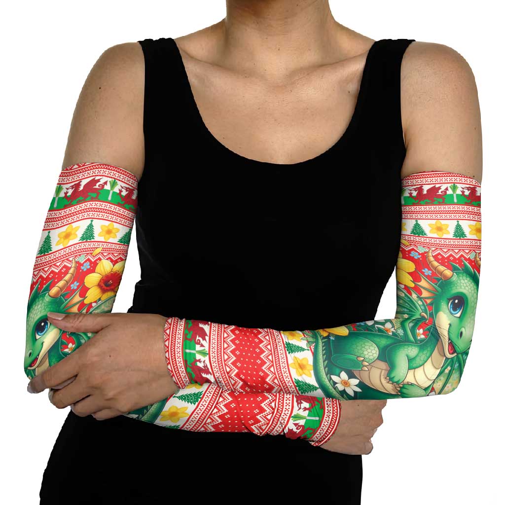 Wales Christmas Arm Sleeves Cute Green Welsh Dragon and Daffodils - Wonder Print Shop