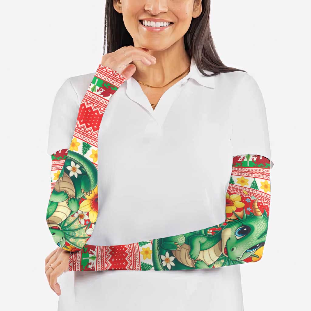 Wales Christmas Arm Sleeves Cute Green Welsh Dragon and Daffodils - Wonder Print Shop