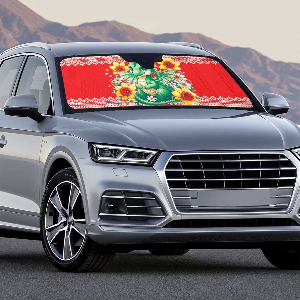 Wales Christmas Auto Sun Shade Cute Green Welsh Dragon and Daffodils - Wonder Print Shop