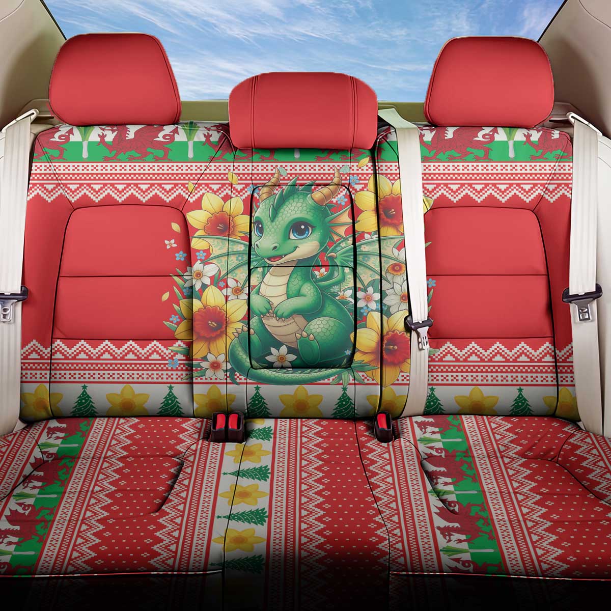 Wales Christmas Back Car Seat Cover Cute Green Welsh Dragon and Daffodils - Wonder Print Shop