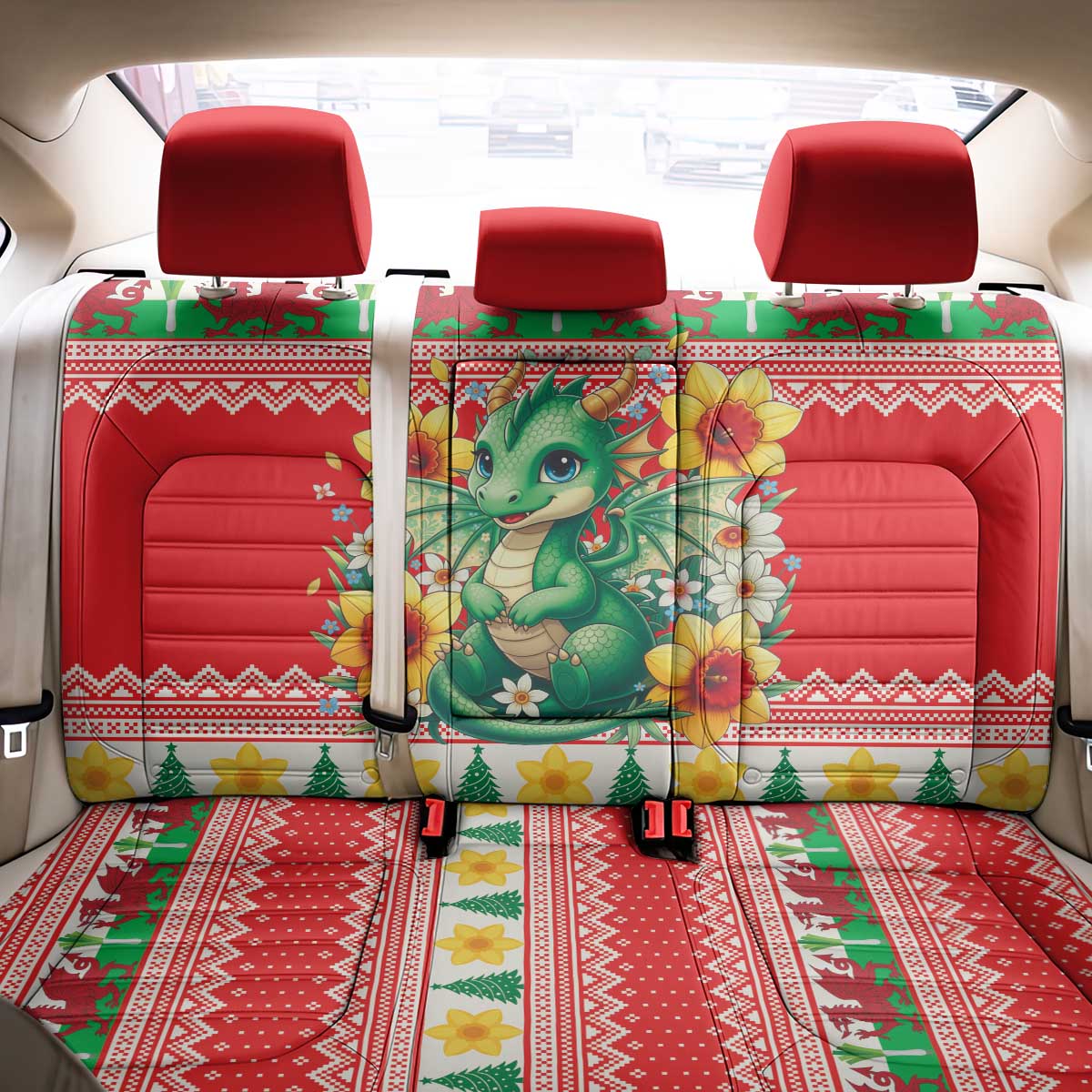 Wales Christmas Back Car Seat Cover Cute Green Welsh Dragon and Daffodils - Wonder Print Shop
