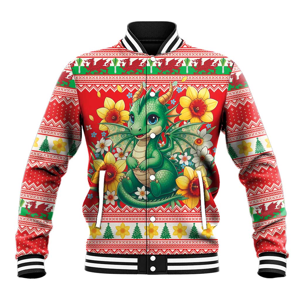 Wales Christmas Baseball Jacket Cute Green Welsh Dragon and Daffodils - Wonder Print Shop