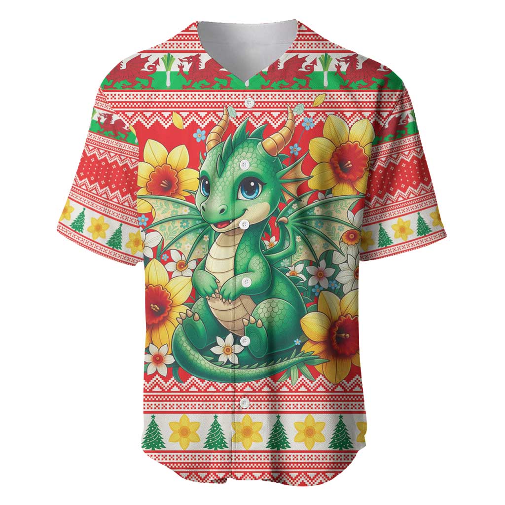 Wales Christmas Baseball Jersey Cute Green Welsh Dragon and Daffodils - Wonder Print Shop