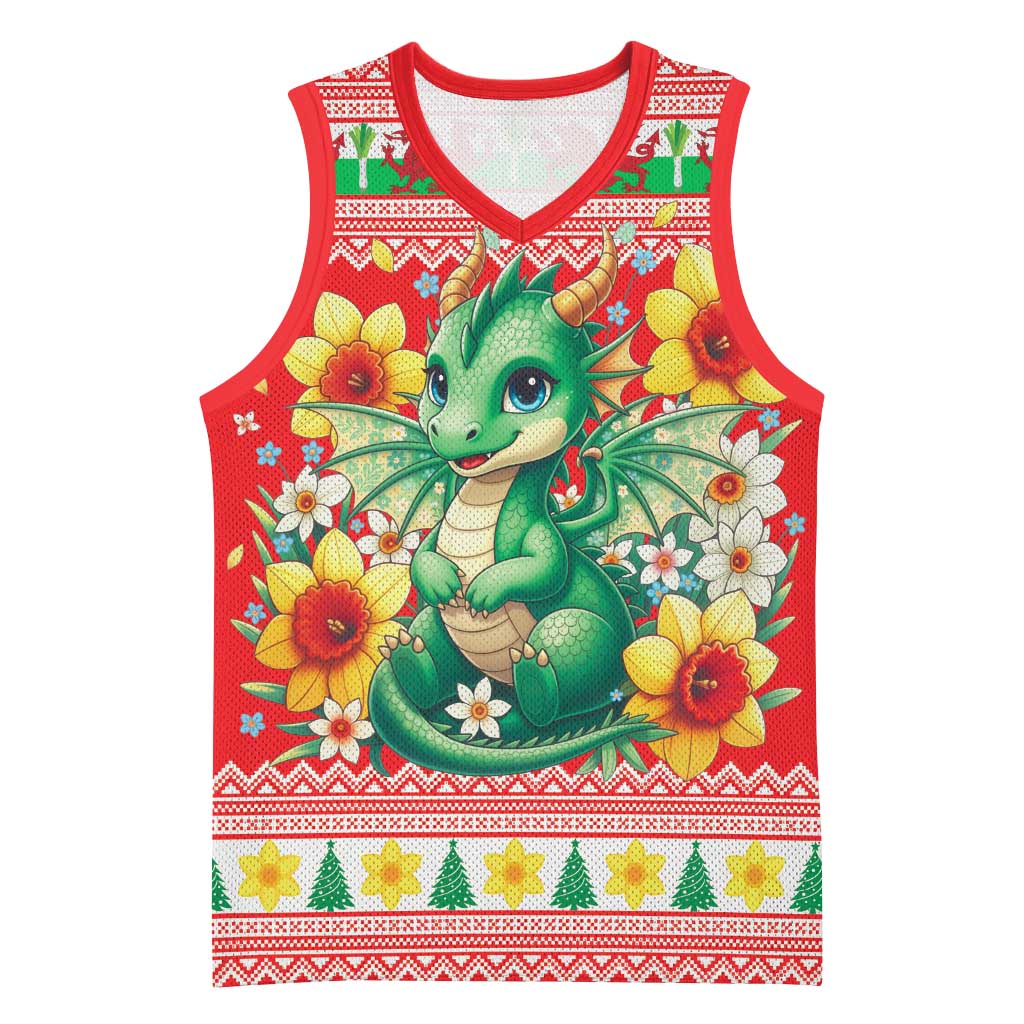 Wales Christmas Basketball Jersey Cute Green Welsh Dragon and Daffodils - Wonder Print Shop