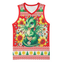 Wales Christmas Basketball Jersey Cute Green Welsh Dragon and Daffodils - Wonder Print Shop