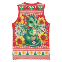 Wales Christmas Basketball Jersey Cute Green Welsh Dragon and Daffodils - Wonder Print Shop