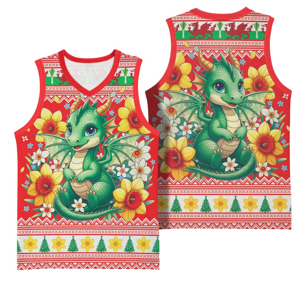 Wales Christmas Basketball Jersey Cute Green Welsh Dragon and Daffodils - Wonder Print Shop