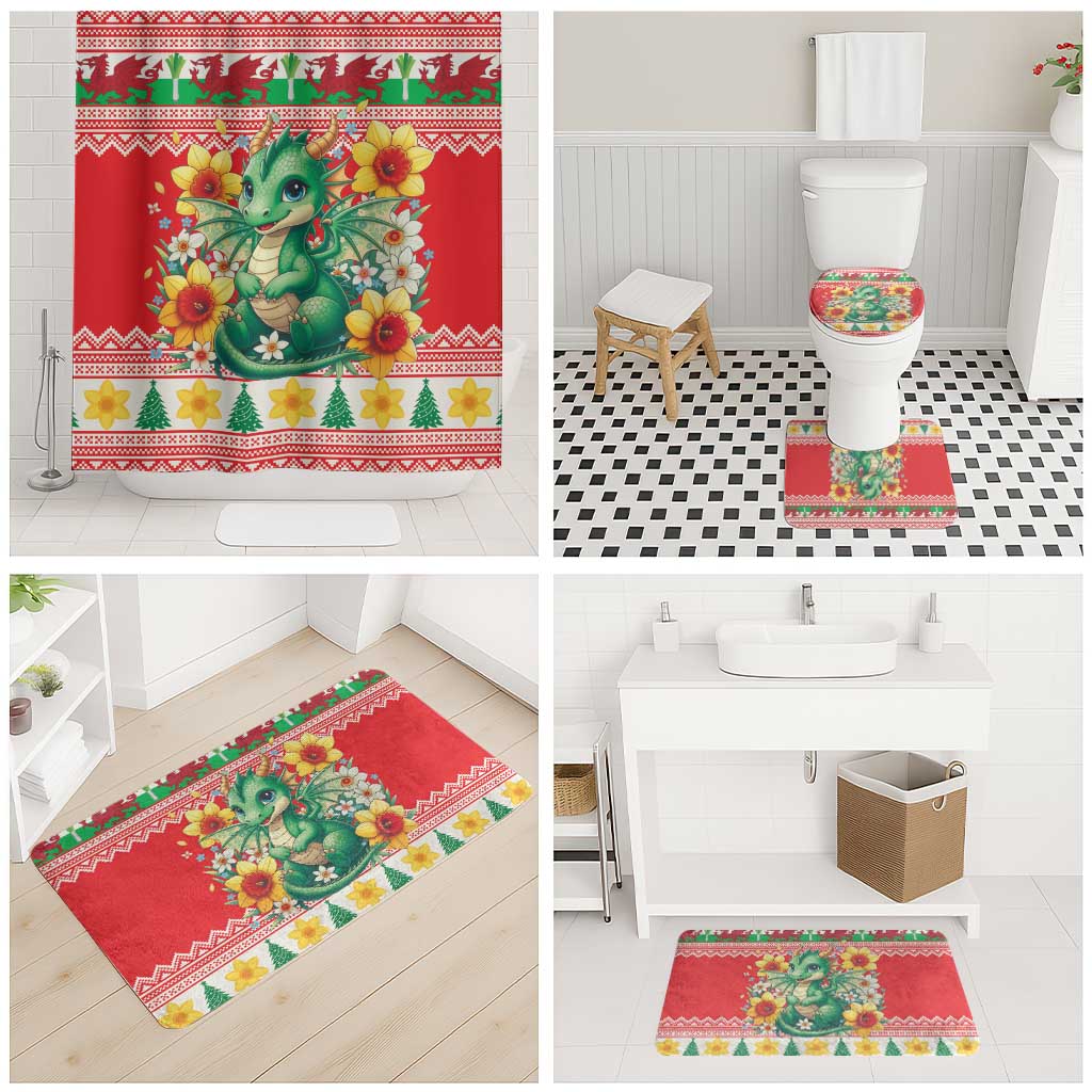 Wales Christmas Bathroom Set Cute Green Welsh Dragon and Daffodils - Wonder Print Shop