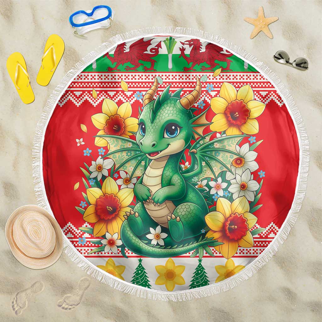 Wales Christmas Beach Blanket Cute Green Welsh Dragon and Daffodils - Wonder Print Shop