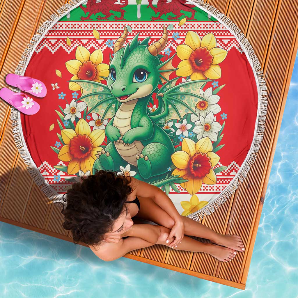 Wales Christmas Beach Blanket Cute Green Welsh Dragon and Daffodils - Wonder Print Shop