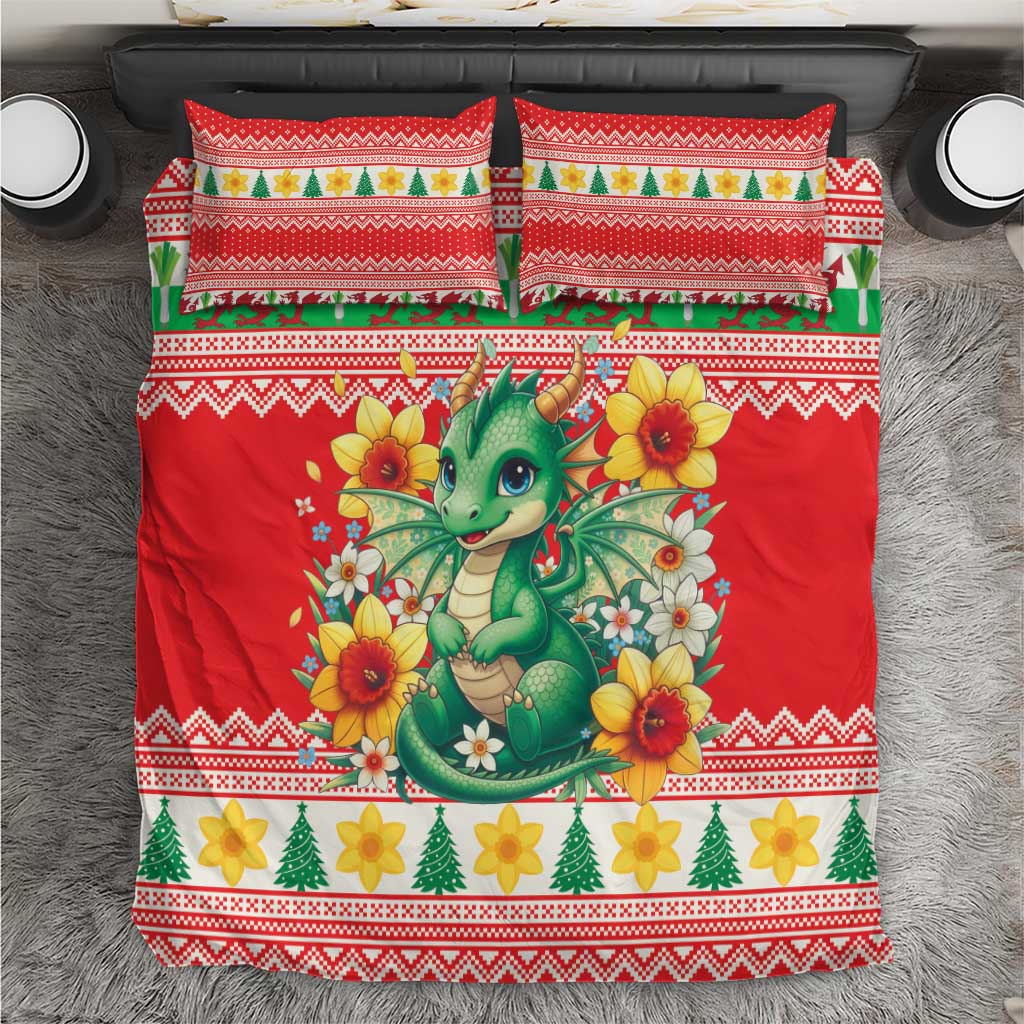 Wales Christmas Bedding Set Cute Green Welsh Dragon and Daffodils - Wonder Print Shop