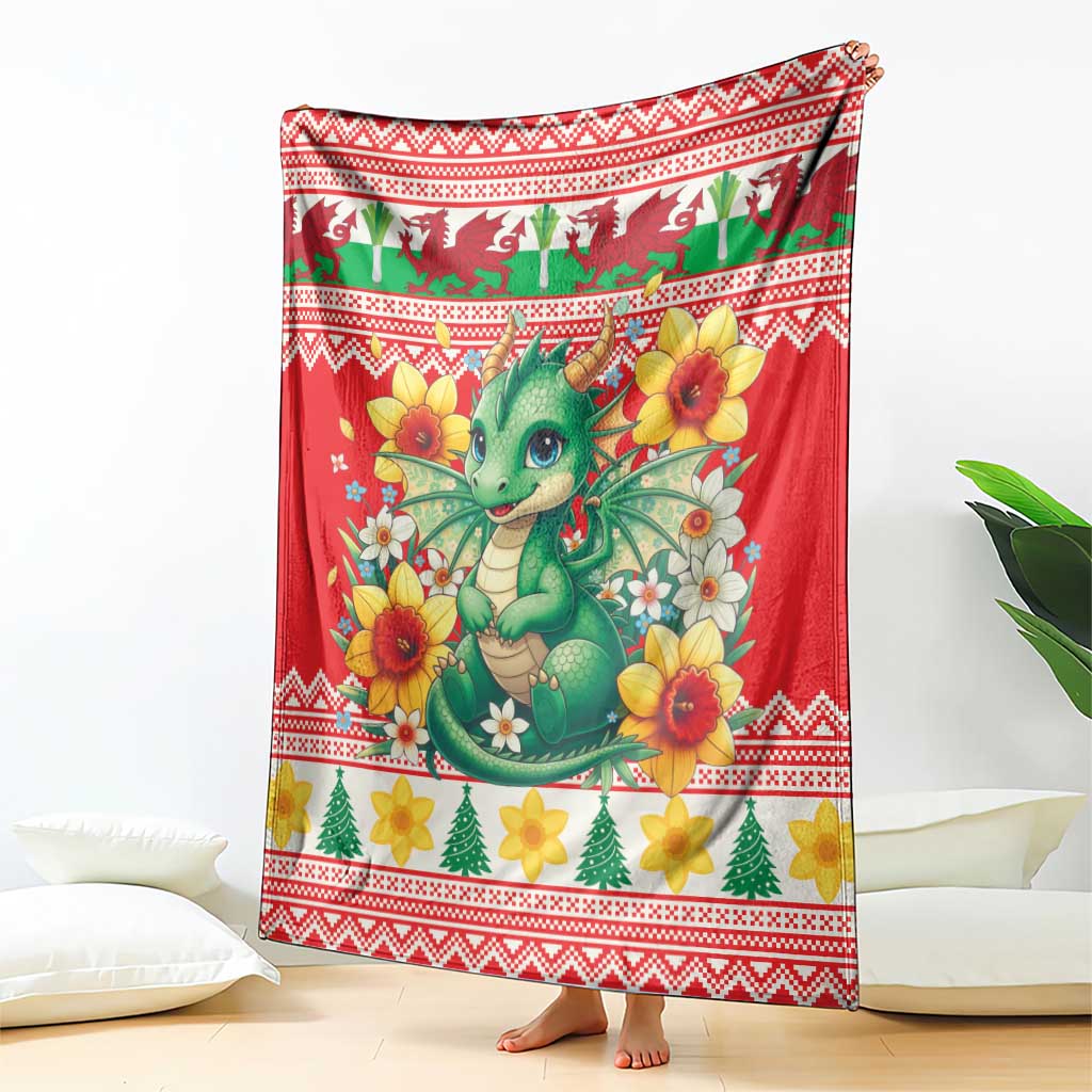 Wales Christmas Blanket Cute Green Welsh Dragon and Daffodils - Wonder Print Shop