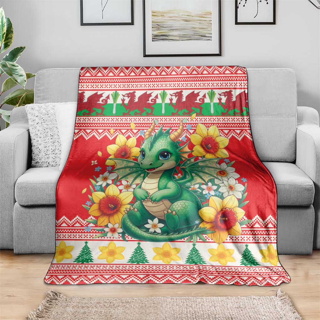 Wales Christmas Blanket Cute Green Welsh Dragon and Daffodils - Wonder Print Shop