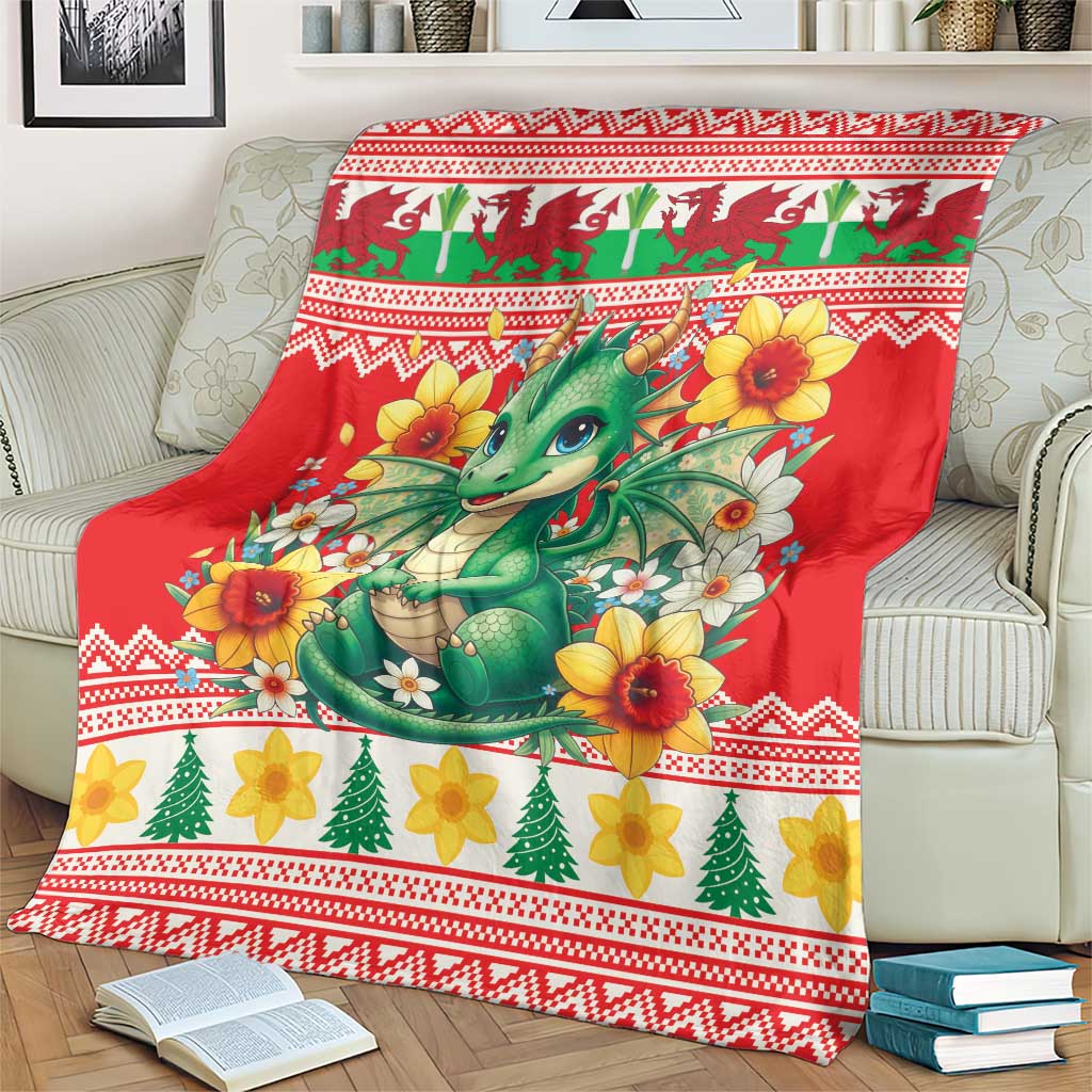 Wales Christmas Blanket Cute Green Welsh Dragon and Daffodils - Wonder Print Shop