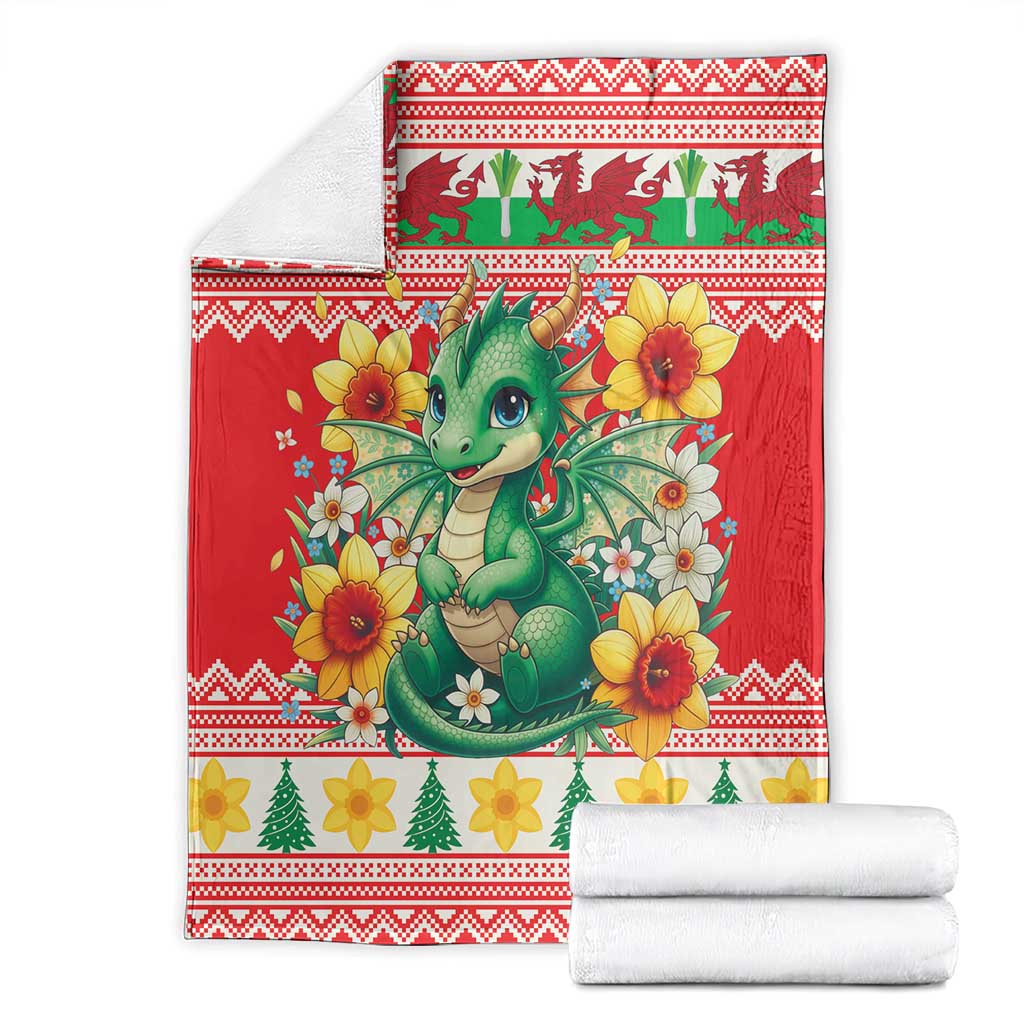 Wales Christmas Blanket Cute Green Welsh Dragon and Daffodils - Wonder Print Shop