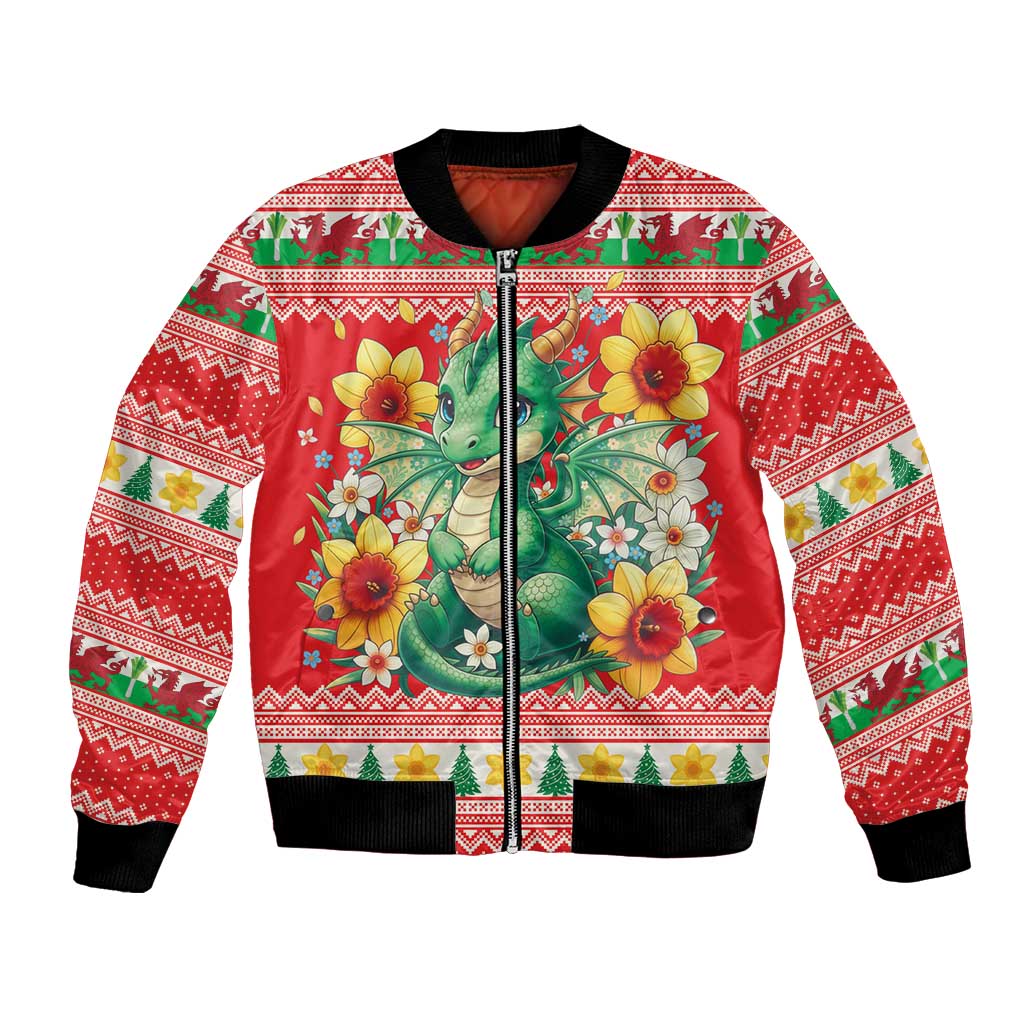 Wales Christmas Bomber Jacket Cute Green Welsh Dragon and Daffodils - Wonder Print Shop