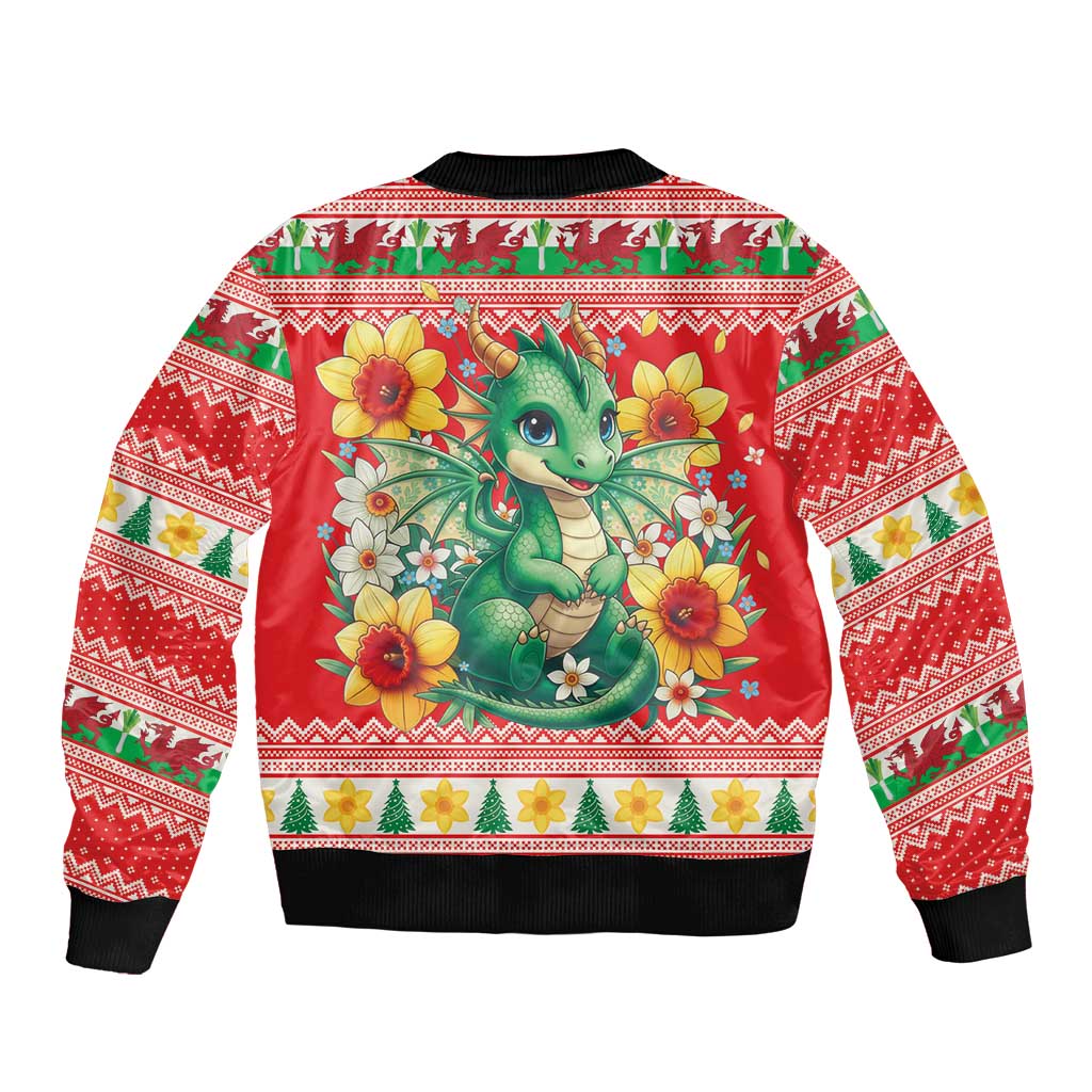Wales Christmas Bomber Jacket Cute Green Welsh Dragon and Daffodils - Wonder Print Shop