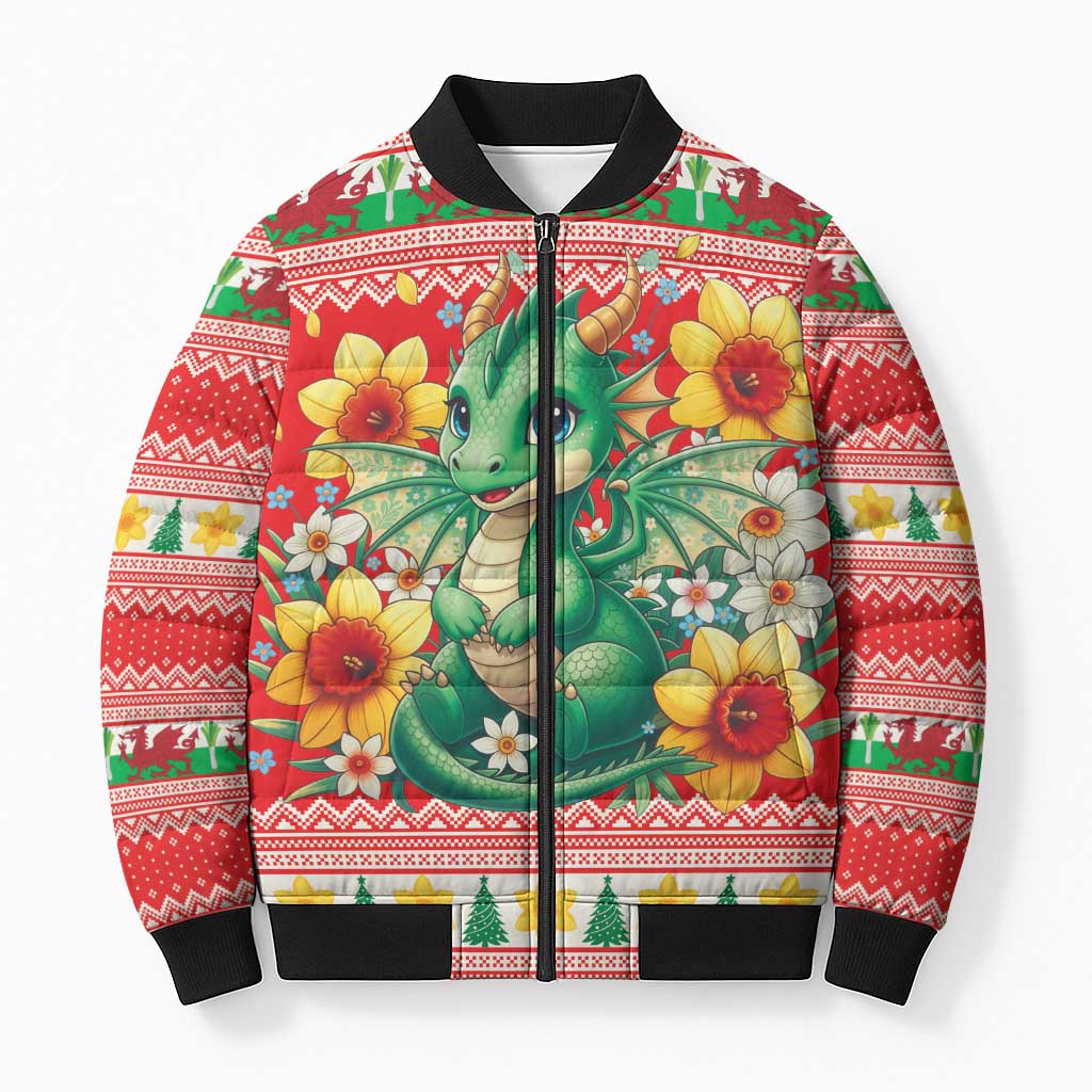 Wales Christmas Bomber Puffer Jacket Cute Green Welsh Dragon and Daffodils - Wonder Print Shop