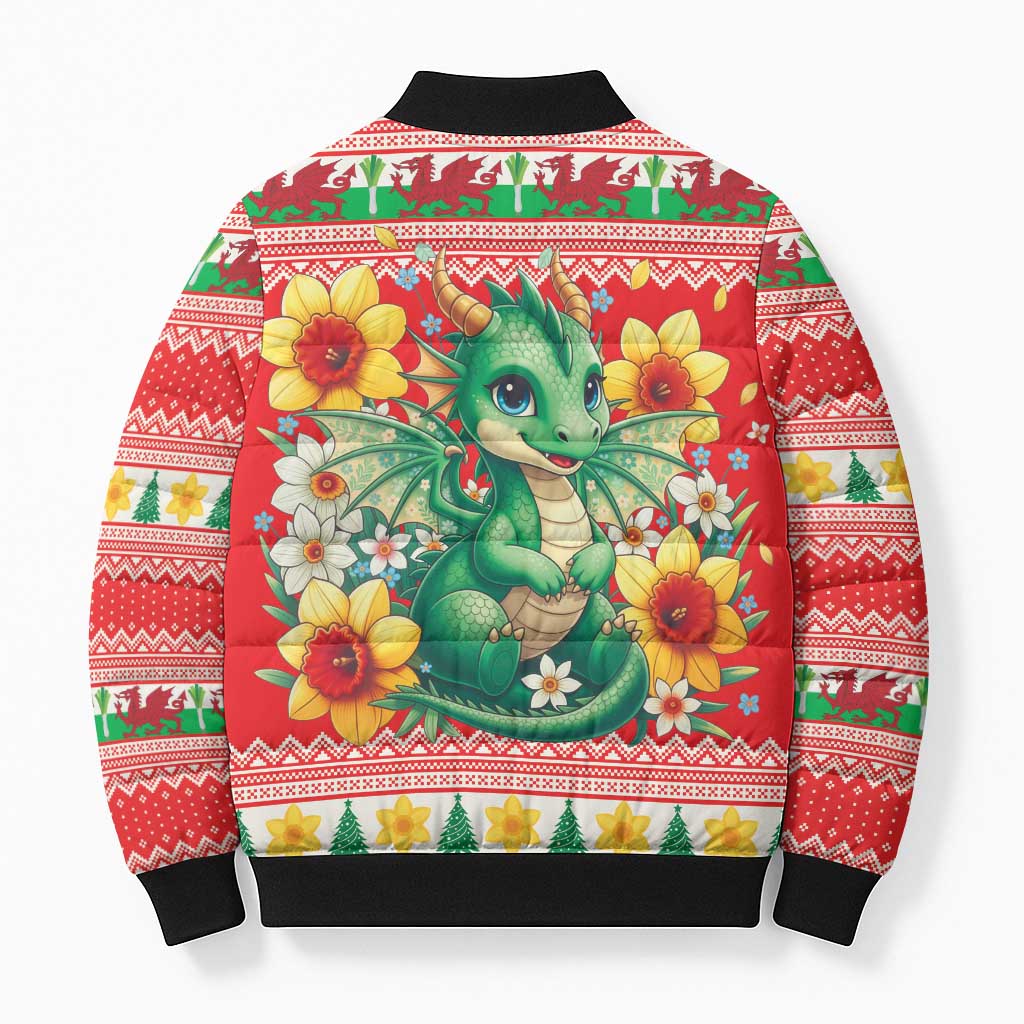 Wales Christmas Bomber Puffer Jacket Cute Green Welsh Dragon and Daffodils - Wonder Print Shop