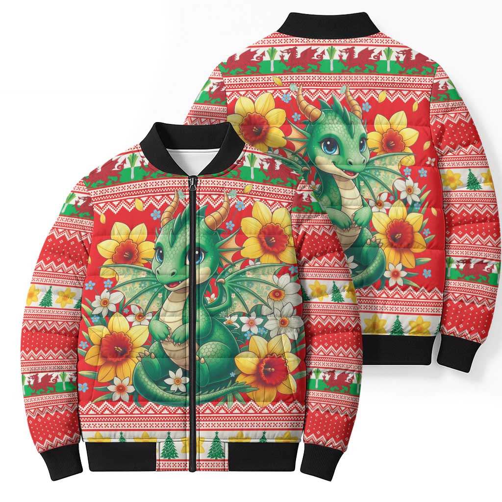 Wales Christmas Bomber Puffer Jacket Cute Green Welsh Dragon and Daffodils - Wonder Print Shop