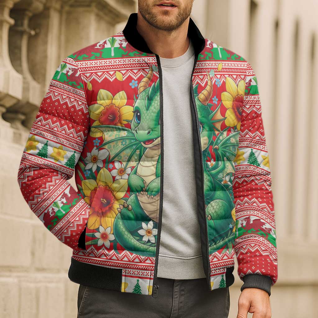 Wales Christmas Bomber Puffer Jacket Cute Green Welsh Dragon and Daffodils - Wonder Print Shop