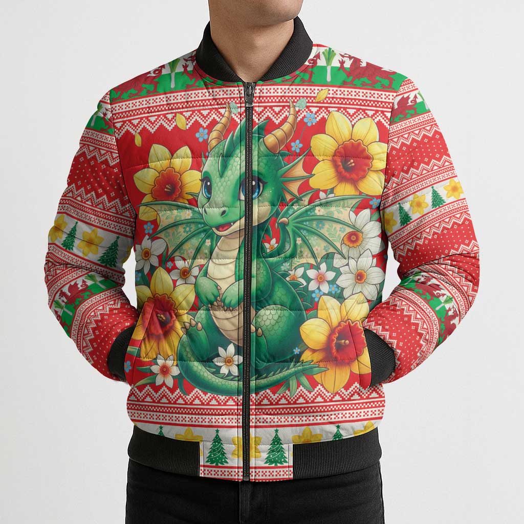 Wales Christmas Bomber Puffer Jacket Cute Green Welsh Dragon and Daffodils - Wonder Print Shop