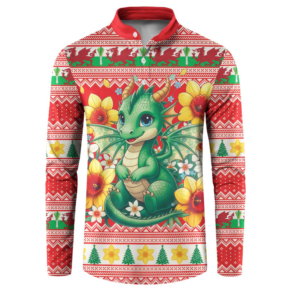 Wales Christmas Button Sweatshirt Cute Green Welsh Dragon and Daffodils - Wonder Print Shop