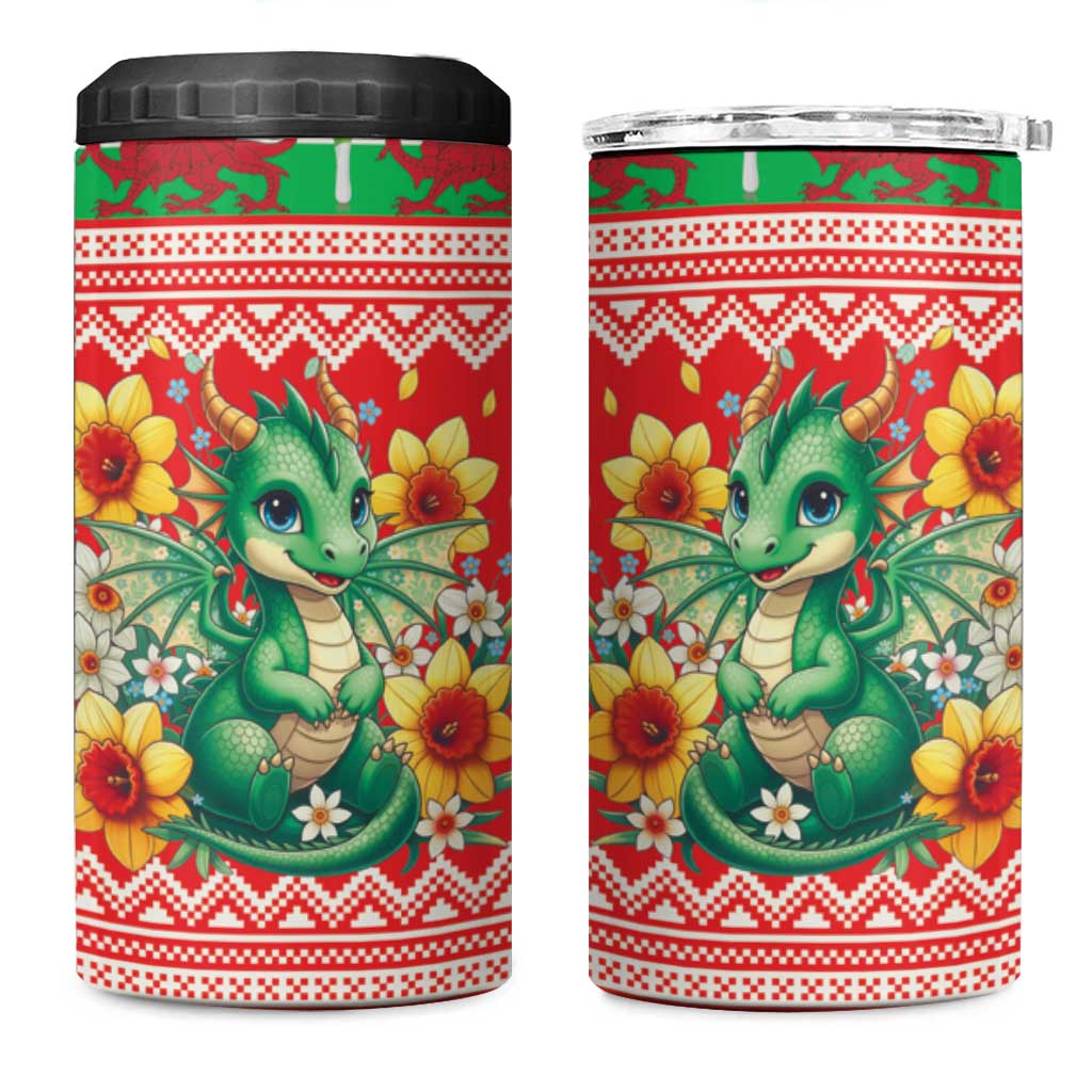 Wales Christmas 4 in 1 Can Cooler Tumbler Cute Green Welsh Dragon and Daffodils - Wonder Print Shop