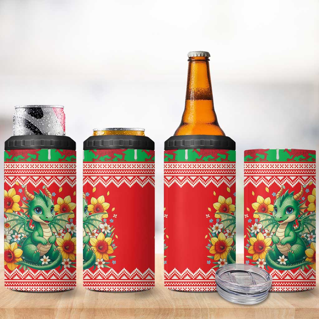Wales Christmas 4 in 1 Can Cooler Tumbler Cute Green Welsh Dragon and Daffodils - Wonder Print Shop