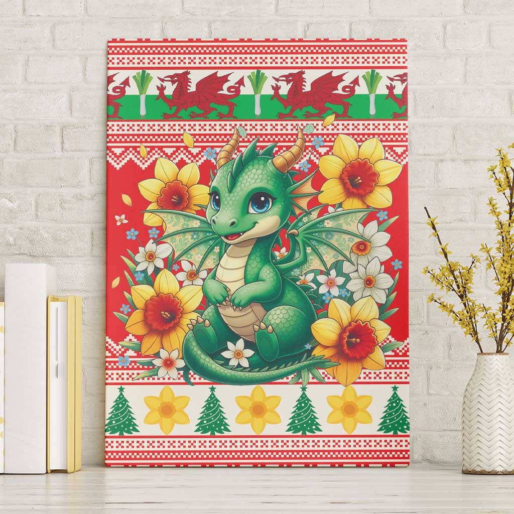 Wales Christmas Canvas Wall Art Cute Green Welsh Dragon and Daffodils - Wonder Print Shop