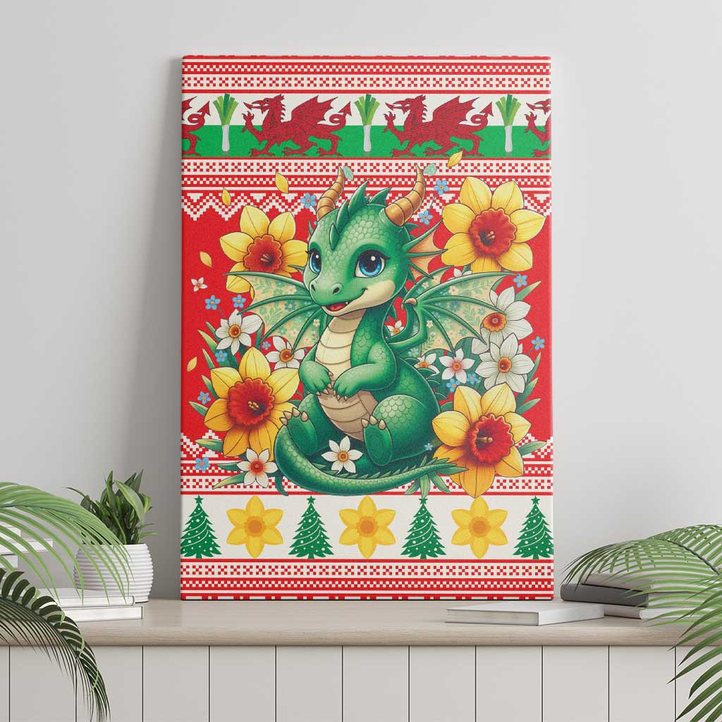 Wales Christmas Canvas Wall Art Cute Green Welsh Dragon and Daffodils - Wonder Print Shop