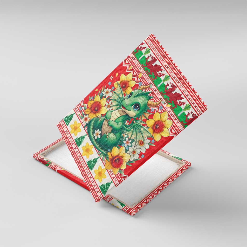 Wales Christmas Canvas Wall Art Cute Green Welsh Dragon and Daffodils - Wonder Print Shop