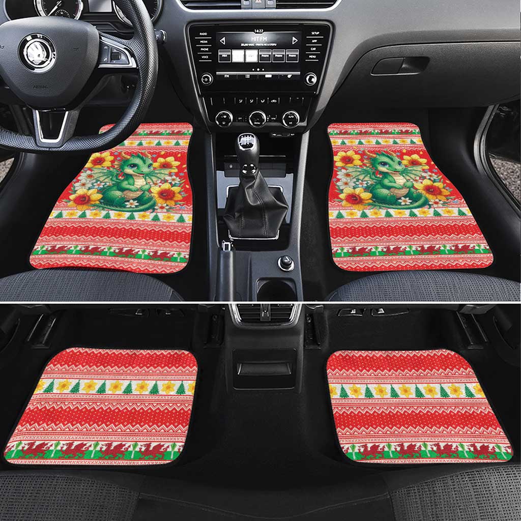 Wales Christmas Car Mats Cute Green Welsh Dragon and Daffodils - Wonder Print Shop