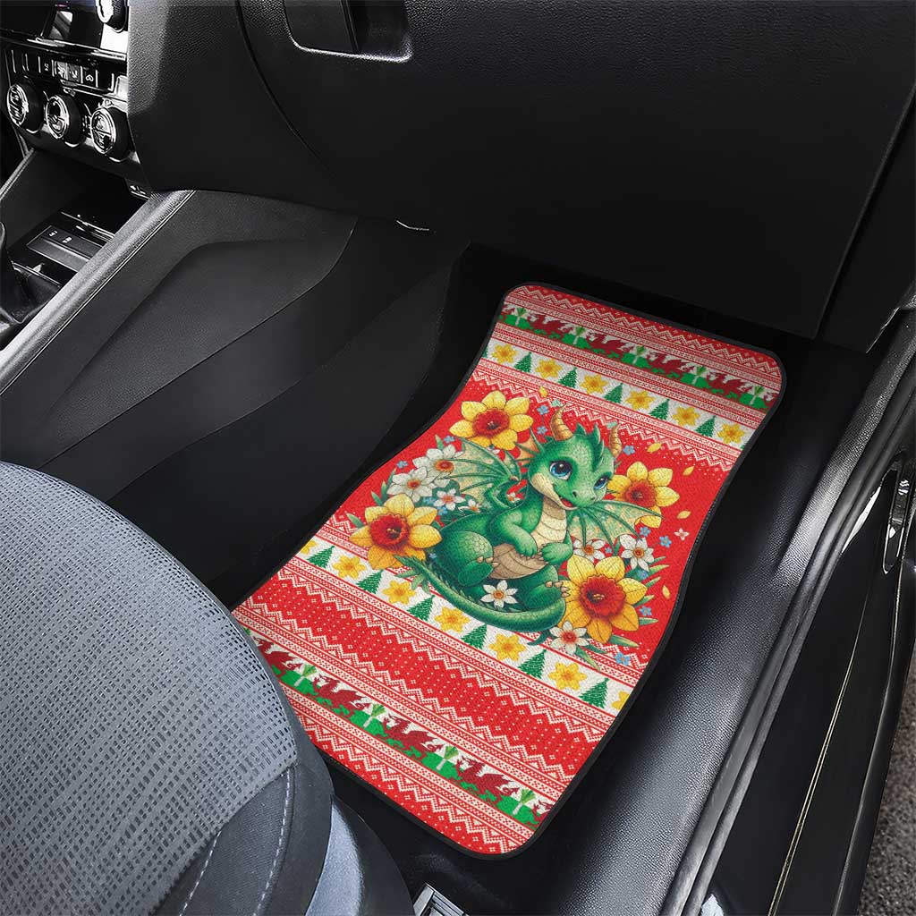 Wales Christmas Car Mats Cute Green Welsh Dragon and Daffodils - Wonder Print Shop