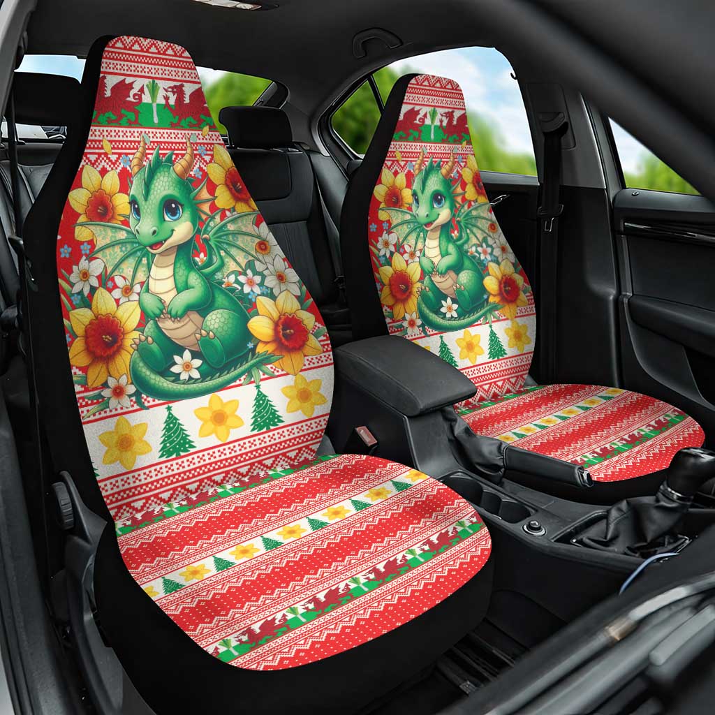 Wales Christmas Car Seat Cover Cute Green Welsh Dragon and Daffodils - Wonder Print Shop