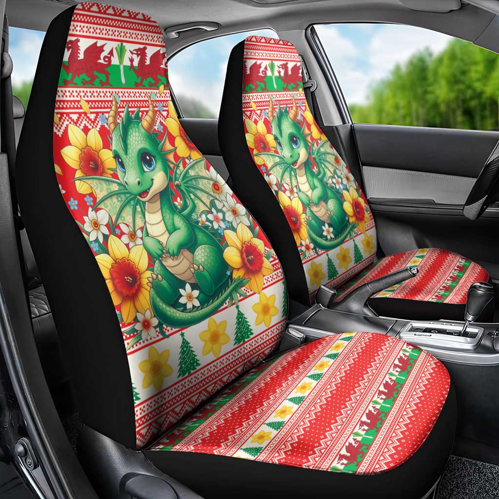 Wales Christmas Car Seat Cover Cute Green Welsh Dragon and Daffodils - Wonder Print Shop