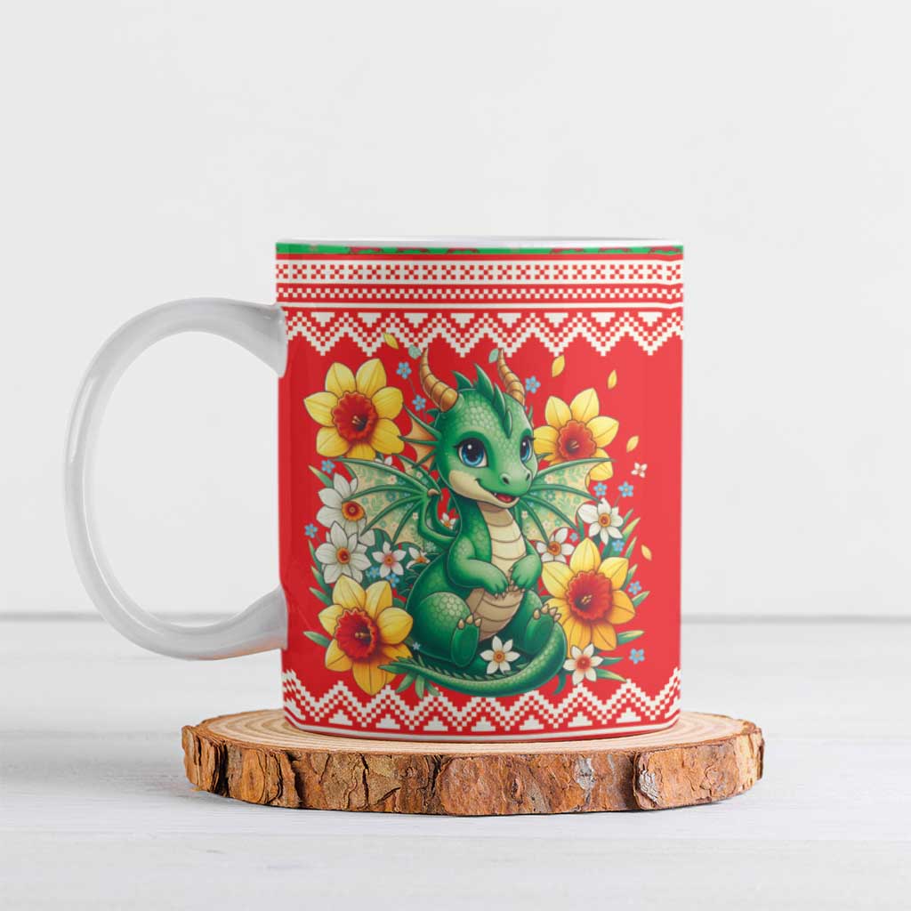 Wales Christmas Ceramic Mug Cute Green Welsh Dragon and Daffodils - Wonder Print Shop